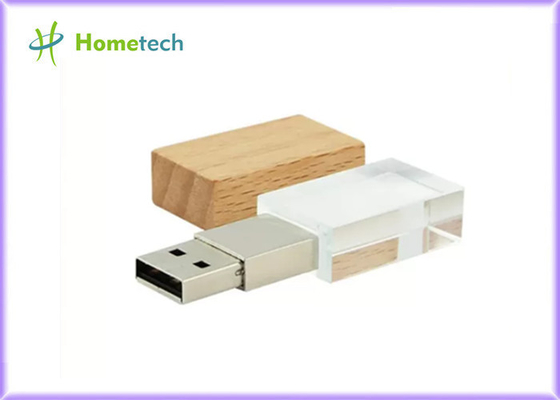 Crystal USB Flash Drive z drewnianą lampką LED 32 GB 64 GB 128 GB Niestandardowe logo crystal usb
